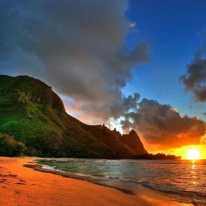 Beach Sunset and Mountains