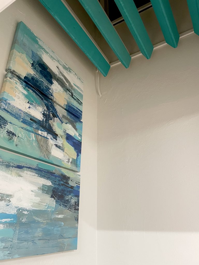 Abstract blue wall art installation by My Favorite Art Place in a modern office