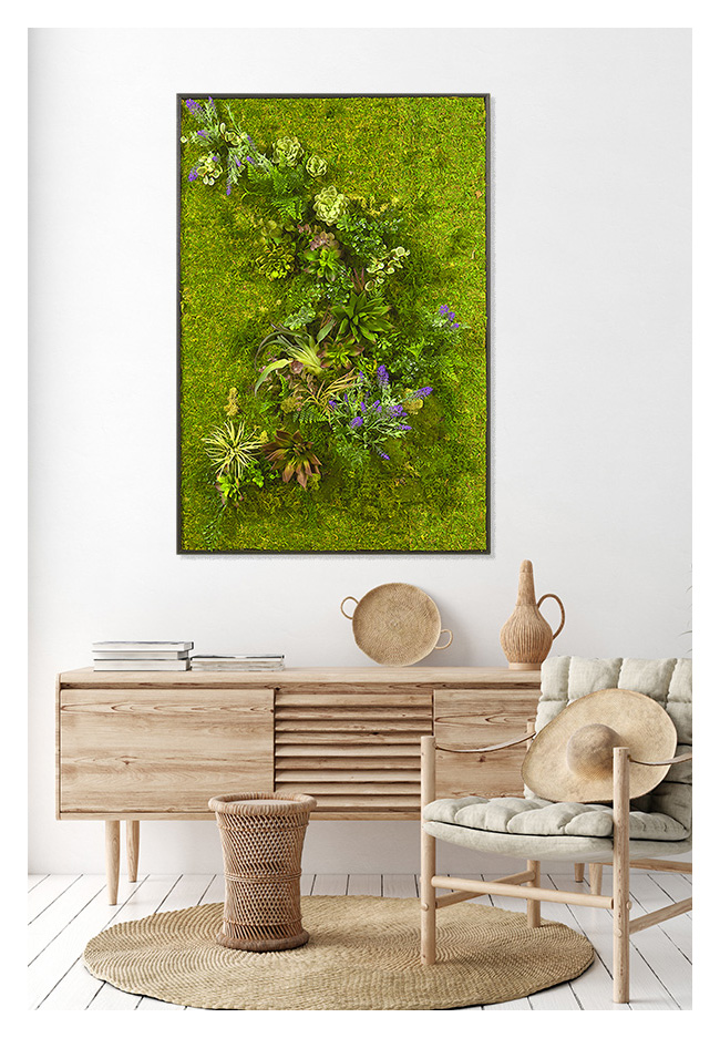 Green moss art styled above console by My Favorite Art Place