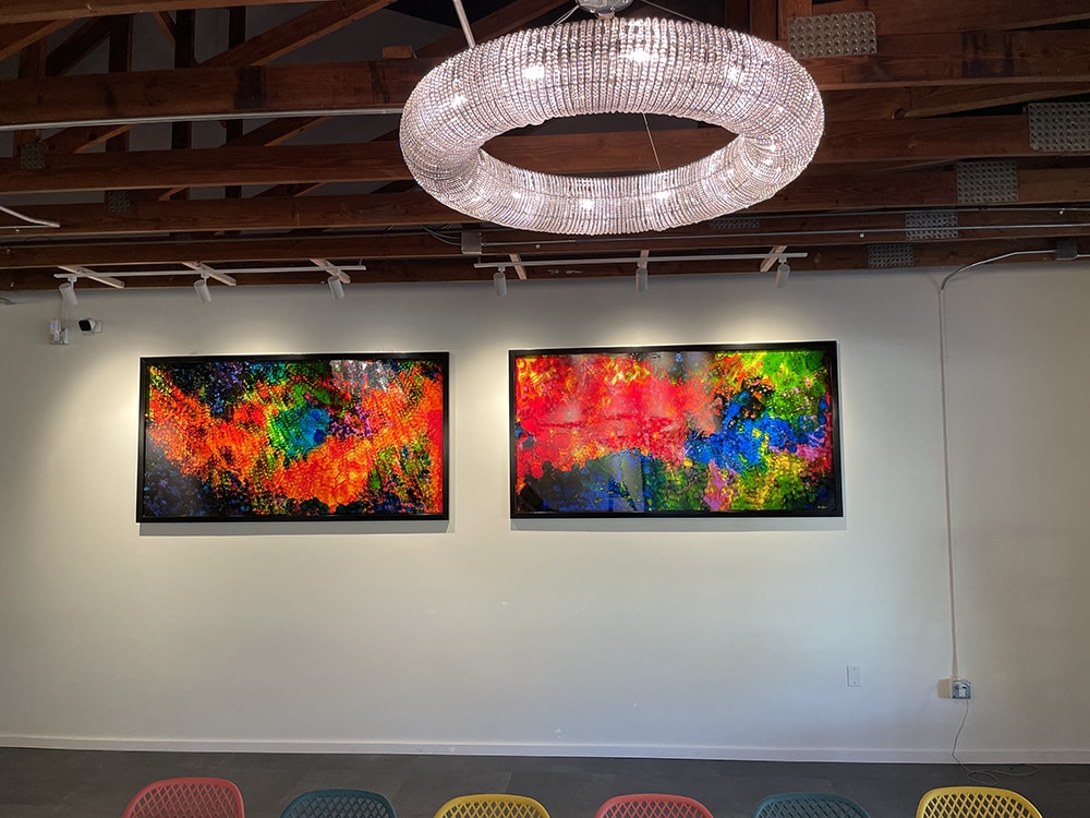 Colorful abstract pair displayed under modern lighting by My Favorite Art Place
