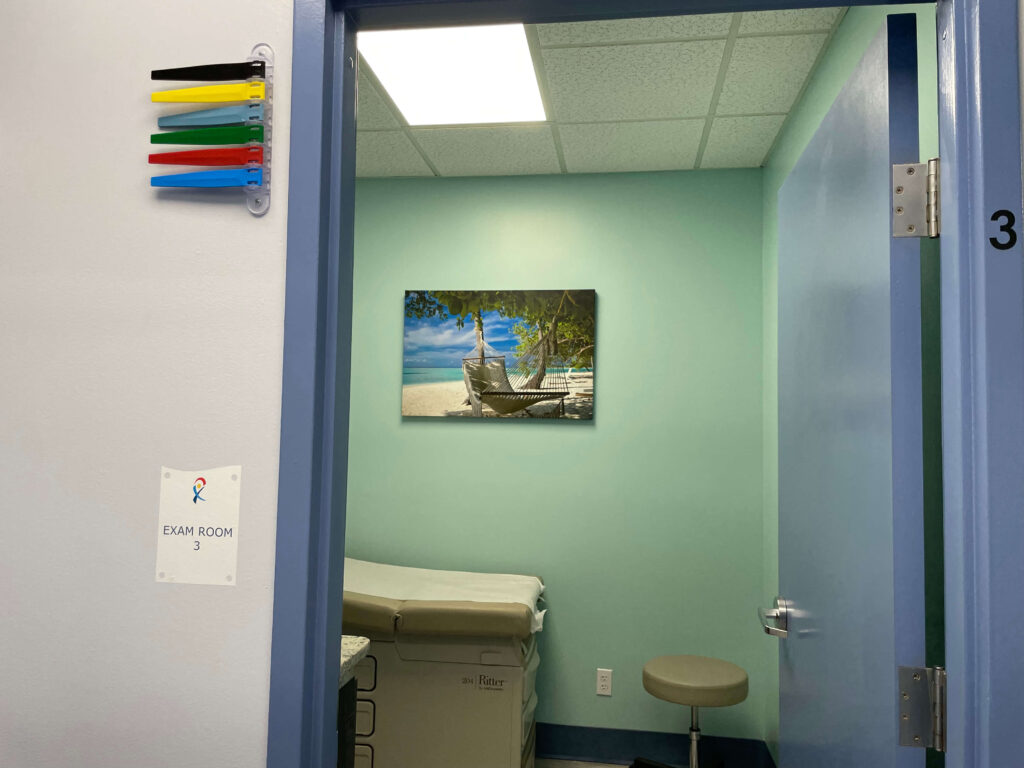 Medical exam room styled with calming wall art by My Favorite Art Place