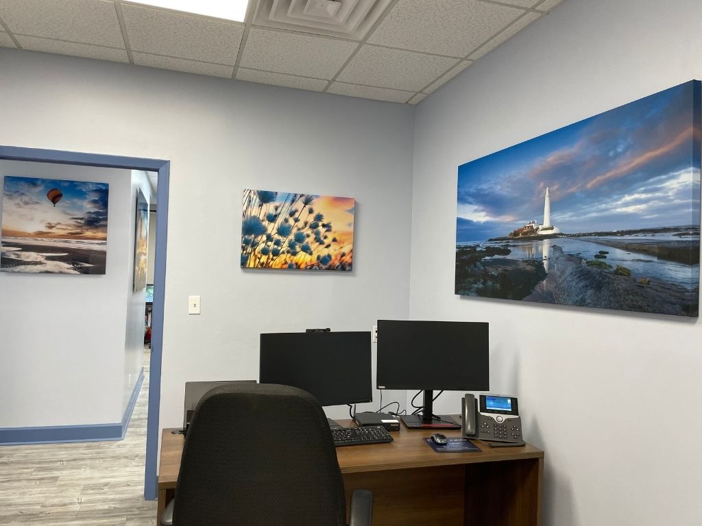 Private office featuring framed landscape wall art by My Favorite Art Place