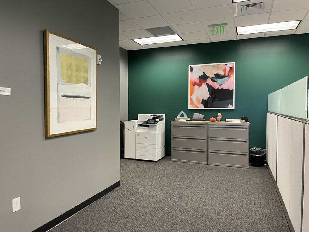Corporate hallway styled with framed wall art by My Favorite Art Place