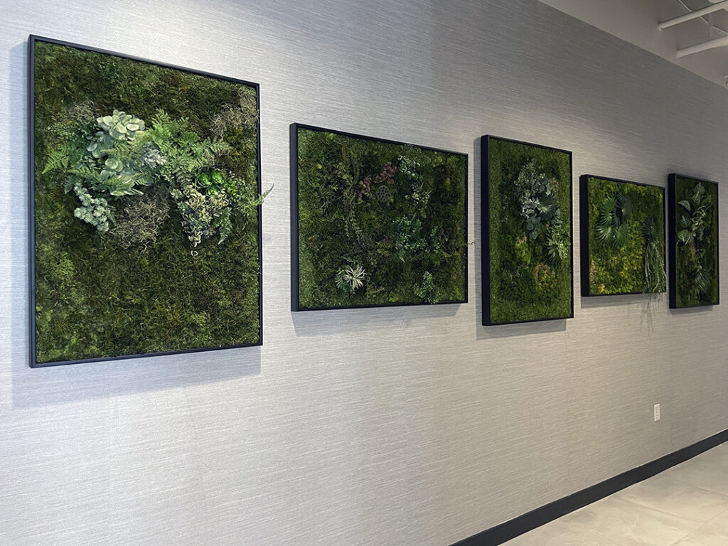 Office corridor displaying moss wall art panels by My Favorite Art Place