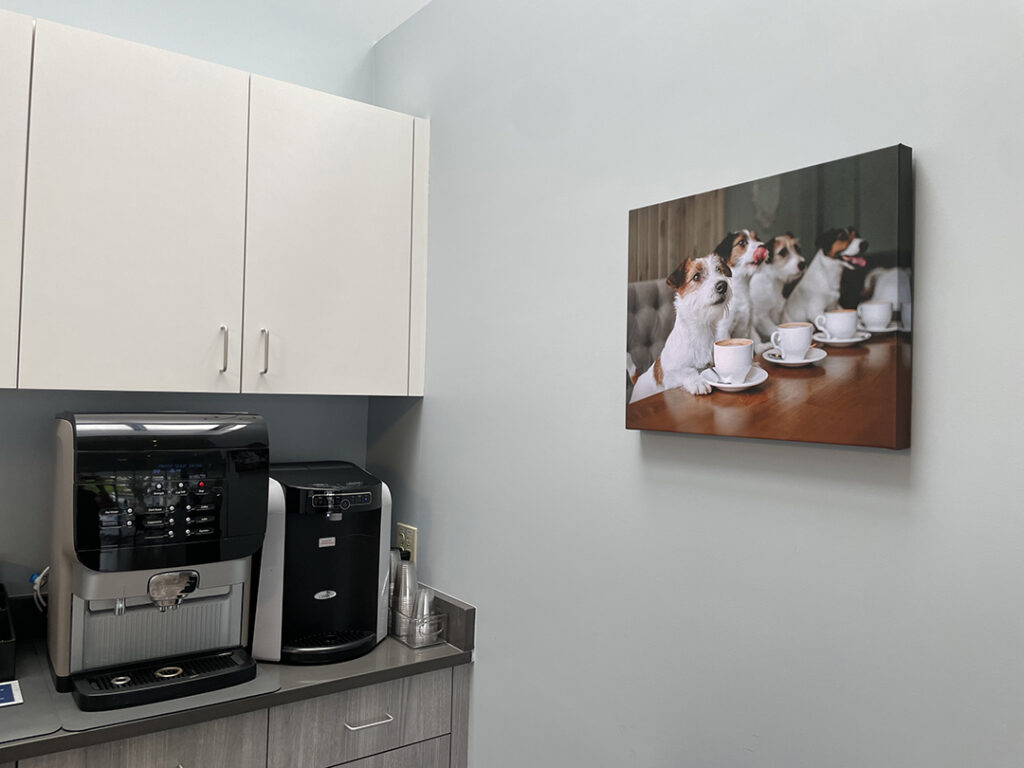 Office kitchenette featuring framed photography by My Favorite Art Place